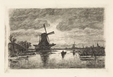 Landschaft mit zwei Mühlen und einem Ruderboot