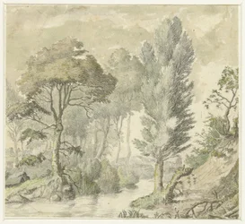 Waldlandschaft mit einem Hügel rechts und Wasser in der Mitte