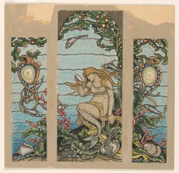 Zeichnung, Das Meerjungfrauenfenster, Entwurf für ein Buntglasfenster für die A.H. Barney Residenz, New York, NY, 1882