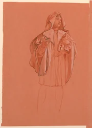 Zeichnung, Studie einer Figur in einem Kapuzenkostüm