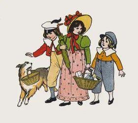 Kinder gehen spazieren (Farblithographie)