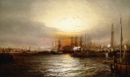 Sonnenaufgang vom Chapman Dock und der alten Brooklyn Navy Yard, East River, New York