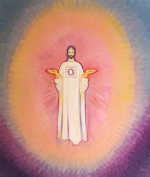 Christus, der Hohepriester, erscheint in Majestät, sein Gewand trägt das Bild der Dornenkrone.