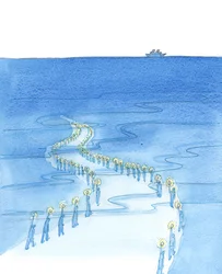 Menschen, die beim Beten sterben (wie diejenigen, die beim Beten des Rosenkranzes auf der Titanic starben), marschieren auf einem Weg, der scheinbar in die Dunkelheit führt