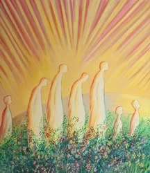 Gereinigte Seelen wandeln nun in Freude und Einfachheit auf einem Teppich aus Blumen, befreit von aller Zynik und Hartherzigkeit