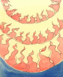 Reihe um Reihe von Flammen sind in den Tiefen der Hölle zu sehen, wo sich - aufgrund ihrer eigenen Entscheidungen - reuelose Seelen befinden, die bis zum Tod in Lust, Stolz oder Ungehorsam lebten oder Mitgefühl vermissten