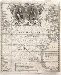 Eine neue Karte oder ein Diagramm des westlichen oder Atlantischen Ozeans mit Teilen von Europa, Afrika und Amerika: zeigt den Kurs der Galeonen zu und von den Westindischen Inseln