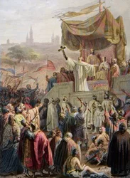 St. Bernhard von Clairvaux predigt den Zweiten Kreuzzug in Vézelay, 31. März 1146 - Gravur nach Emile Signol - Saint-Bernard de Clairvaux predigt den Zweiten Kreuzzug in Anwesenheit von König Ludwig VII. und Königin Alienor