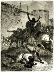 Kreuzzug gegen die Albigenser - Belagerung von Toulouse, 25. Juni 1218. Simons Bruder de Montfort wurde gerade von einem Pfeil verletzt, Simon de Montfort selbst wird von einer Katapultkugel getötet, es heißt, von einer der Frauen von Toulouse, die