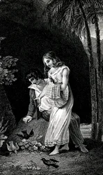 Gravur, die eine späte Ausgabe des 19. Jahrhunderts des Romans von Jacques-Henri Bernardin de Saint Pierre (Jacques Henri Bernardin de Saint-Pierre): Paul et Virginie illustriert. Vögel landen ohne Angst in der Nähe des jungen Liebespaares im Wald. Zeichnu