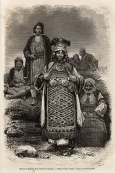 Verlobte und Bauern an der rumänischen Grenze, Gravur nach der Zeichnung von Emile Bayard, zur Illustration der Reise nach Bulgarien, von Guillaume Lejean, 1867, veröffentlicht in „Le tour du monde“ 1873, herausgegeben von Edouard Charton, Hachette Edition