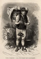 Obsthändler, ein wandernder Händler von frischem Obst, mit seiner Transporthaube und tragbaren Waage auf dem Rücken, in Roustchouk (Rumänien), Gravur nach einer Zeichnung von Emile Bayard, Illustration der Reise nach Bulgarien von Guillaume Lejean, 1867