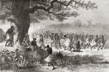 Henry Morton Stanley beobachtet den Vouagogos-Stamm bei der Schlachtvorbereitung während seiner Expedition 1871, Illustration aus 