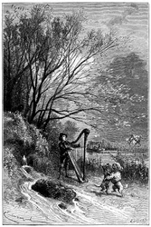 Illustration von Emile Bayard für Hector Malots Roman „Sans Famille“: Remi singt mit der Harfe, während seine Freunde tanzen, die gelehrten Tiere der Truppe von Monsieur Vitalis, reisender Künstler - die beiden Hunde Capi und Dolce - Straßenmusiker, Gaukle