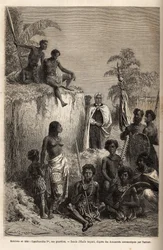 Kamehameha I. (ca. 1758-1819), König der Hawaii-Inseln und Gründer ihrer Einheit, umgeben von hawaiianischen Kriegern und einigen Untertanen in Honolulu, Gravur nach der Zeichnung von Emile Bayard, zur Illustration der Reise zu den Sandwich-Inseln, 1855-69