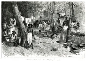 Die Wäscherinnen am Chorillo, Panama, Gravur nach einer Zeichnung von E. Bayard, zur Illustration der Geschichte „Erkundung am Isthmus von Panama und Darien“ von A. Reclus, Schiffslieutenant, von 1876 bis 1878, veröffentlicht in „Le tour du monde“, unter d
