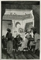 Mittagessen beim Kriegsminister, Kopfbedeckung eines Turbans, gegenüber dem Autor der Geschichte, der durch den Hof ankommt, eine Reihe von Dienern, die die Gerichte des Essens tragen, Gravur von Emile Bayard, zur Illustration der Geschichte Marokkos von E