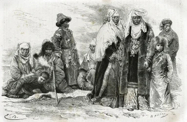 Arme und reiche Kirgisinnen. Gravur von Emile Bayard, zur Illustration von Reiseeindrücken von Orenburg nach Samarkand, von Marie de Ujfalvy-Bourdon, zwischen 1876 und 1878, in Le Tour du Monde, unter der Leitung von Edouard Charton