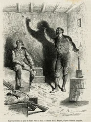 Sir Henri Morton Stanley (1841-1904) und Franck Pock, sein Begleiter bei der Erkundung, entscheiden per Münzwurf über die Route ihrer Reise, Zeichnung von Emile Bayard, zur Illustration der Geschichte "Durch den geheimnisvollen Kontinent" (Äquatorialafrika