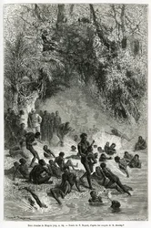 Sir Henri Morton Stanley (1841-1904) inmitten der Badenden der Region Karagoue (Kamerun), die in das heiße und medizinische Wasserbecken der Mtagata-Schlucht eintauchen, Zeichnung von Emile Bayard, zur Illustration der Geschichte "Durch den geheimnisvolle