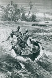 Stanley überwindet die Stromschnellen am Kongo-Fluss, Zeichnung von Emile Bayard