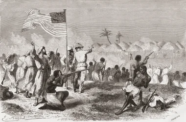 Stanleys Angriff auf Zimbizo während seiner Expedition 1871, Illustration aus 