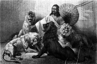 Der Kaiser (Ras) Theodoros von Abessinien umgeben von seinen Löwen. Gravur aus der Mitte des 19. Jahrhunderts. Illustration von Emile Bayard.