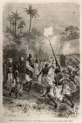 Die Ankunft der Verlobten von Hamis im Dorf Hara (Sambia), auf den Schultern eines Mannes, begleitet von einem Dutzend Anhängern, die jeweils einen kleinen Korb mit Proviant auf dem Kopf tragen, geätzt nach einer Zeichnung von Emile Bayard, zur Illustratio