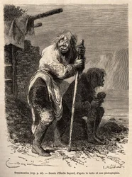 Zwei alte Eskimofrauen in der Tracht der Grönländerinnen, Lederstiefel bis zu den Knien, kurze Robbenfellhosen und eine tunikaförmige Haut, die vorne und hinten herunterfällt, in der Nähe von Lichtenau, graviert nach einer Zeichnung von Emile Bayard (Illus