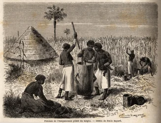 Frauen stampfen Sorghum, in Ounyamouezi (Region der Großen Seen, Afrika), Zeichnung von Emile Bayard (1837-1891), zur Illustration von Captain Spekes Entdeckungsreise in Afrika von 1860 bis 1863. Gravur in „Le tour du monde“, herausgegeben von Edouard Char