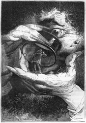 Illustration aus Jules Vernes Roman „Rund um den Mond“, Zeichnung von Emile Bayard, Hetzel-Ausgabe/Voyages extraordinaire 1870: Astronaut Michel Ardan stellt sich vor, von einem Riesen durch eine Lupe beobachtet zu werden (Referenz zu Swifts Gulliver)