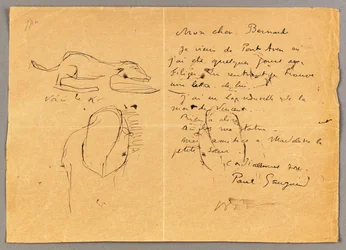 Brief an Emile Bernard mit drei Tintenzeichnungen, Hinweis auf den Tod von "Vincent", Tahiti, 1890er Jahre