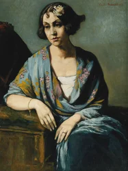 Porträt einer jungen Frau, die sich auf ihren Ellbogen stützt, 1928