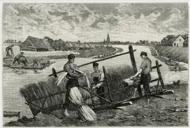 Der Rost des Flachses (Mazeration zur Erleichterung der Trennung der Rinde vom Stängel) in der Lys (Fluss im Norden Frankreichs und Belgiens). Gravur von Emile Claus, zur Illustration der Geschichte „La Belgique“, von Camille Lemonnier (1844-1913), Schrift