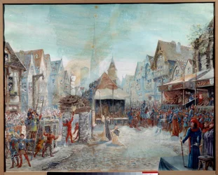 Hundertjähriger Krieg: „Johanna von Orléans (1412-1431) wird auf den Scheiterhaufen geführt“ (Place du Vieux-Marché in Rouen)