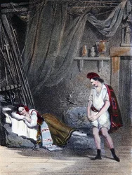 Szene, die das stumme Mädchen Fenella schlafend in einer Hütte mit ihrem Bruder Masaniello darstellt: Akt IV aus der Oper 