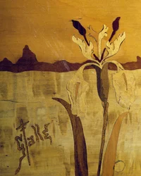 Jugendstil Tisch, Walnuss mit Furnier und verschiedenen Hölzern, (Detail), Frankreich, 20. Jahrhundert