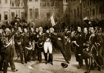 Napoleons Abschied von seinen Generälen in Fontainebleau, 1814, Illustration aus „Hutchinsons Geschichte der britischen Nation“, ca. 1923
