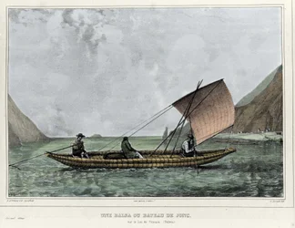 Eine Balsa oder ein Floßboot auf dem Titicacasee (Bolivien). Lithographie von Emile Lassalle (1813-1871) - in „Voyage dans l