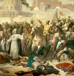 Detail aus: Erster Kreuzzug: „Die Einnahme Jerusalems durch die Kreuzfahrer am 15/07/1099“. Gottfried von Bouillon dankt Gott in Gegenwart von Peter dem Einsiedler (oder Eremiten)