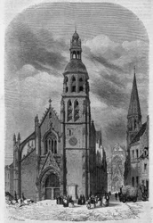 Außenansicht der Kirche Saint Martin (15.-16. Jahrhundert) von Vendôme, Loir-et-Cher (41), vor ihrem Abriss im Jahr 1857. Gravur von Therond in „Le Magasin Pittoresque“