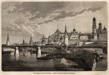 Gesamtansicht von Moskau, aufgenommen von der Moskowa, Zeichnung von Therond zur Illustration der Reise von Shanghai nach Moskau von 1859 bis 1862 von M. de Bourboulon, Minister von Frankreich in China. Gravur in „Le tour du monde“, herausgegeben von Edoua