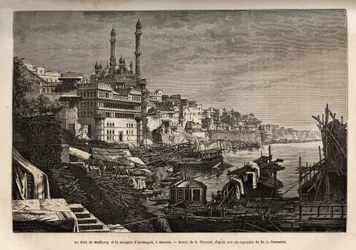 Madhorays Ghat (Stufen, die die Ufer eines Flusses bedecken und es ermöglichen, in Kontakt mit Wasser zu treten) und die Aurangzeb-Moschee in Benares, graviert nach der Zeichnung von E. Therond, zur Illustration der Reise nach Indien der Rajahs, von Louis 