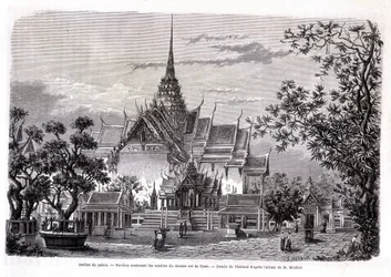 Palastgarten. Pavillon mit der Asche des letzten Königs von Siam. Zeichnung von Thérond aus M. Mouhots Album. „Tour du monde“