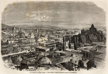Ansicht von Tiflis (oder Tbilissi), Zeichnung von Thérond zur Illustration von Herrn Moynets Reise von 1858 zum Schwarzen Meer und zum Kaspischen Meer. Stich in "Le Tour du monde, nouveau journal des voyages", Paris