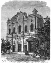 Ansicht der Fassade der Kathedrale von Nantang, erbaut auf dem Gelände des Hauses von Matteo Ricci (1552-1610), Vater des Katholizismus in China. Gravur nach einer Zeichnung von Therond, in „Le Tour du Monde, Nouveau journal des Voyages“, herausgegeben von