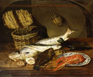 Ein Lachs, eine Makrele, ein Hummer auf einem Teller, ein Weidenkorb, Austern, eine Chianti-Flasche und ein Fischernetz auf einem Holztisch, 1854