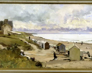 Der Strand der Bäder in St Pair (Manche) - Öl auf Leinwand von E. Lansyer