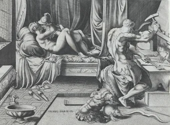Venus und Mars umarmen sich, während Vulkan an seiner Schmiede arbeitet, 1543