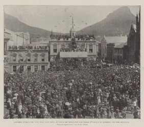 Versammlung vor dem Rathaus von Kapstadt, bei der die Resolution zur Annexion der Burenrepubliken verabschiedet wurde